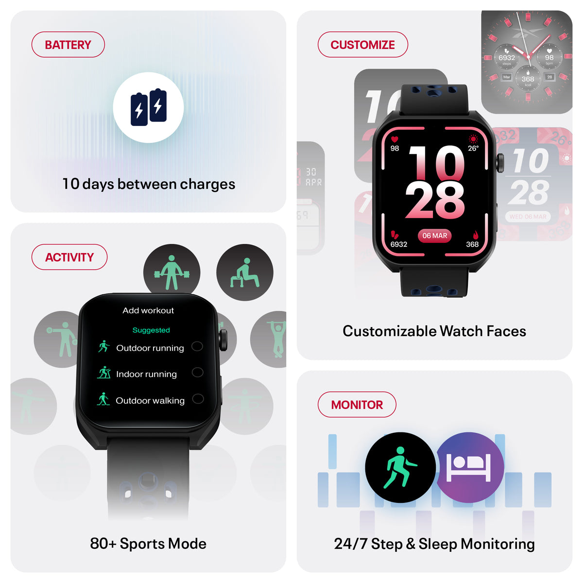 A smartwatch highlighting features: 10 days battery life, customizable watch faces, 80+ sports modes, and 24/7 step and sleep monitoring, shown with related icons and interface screens.