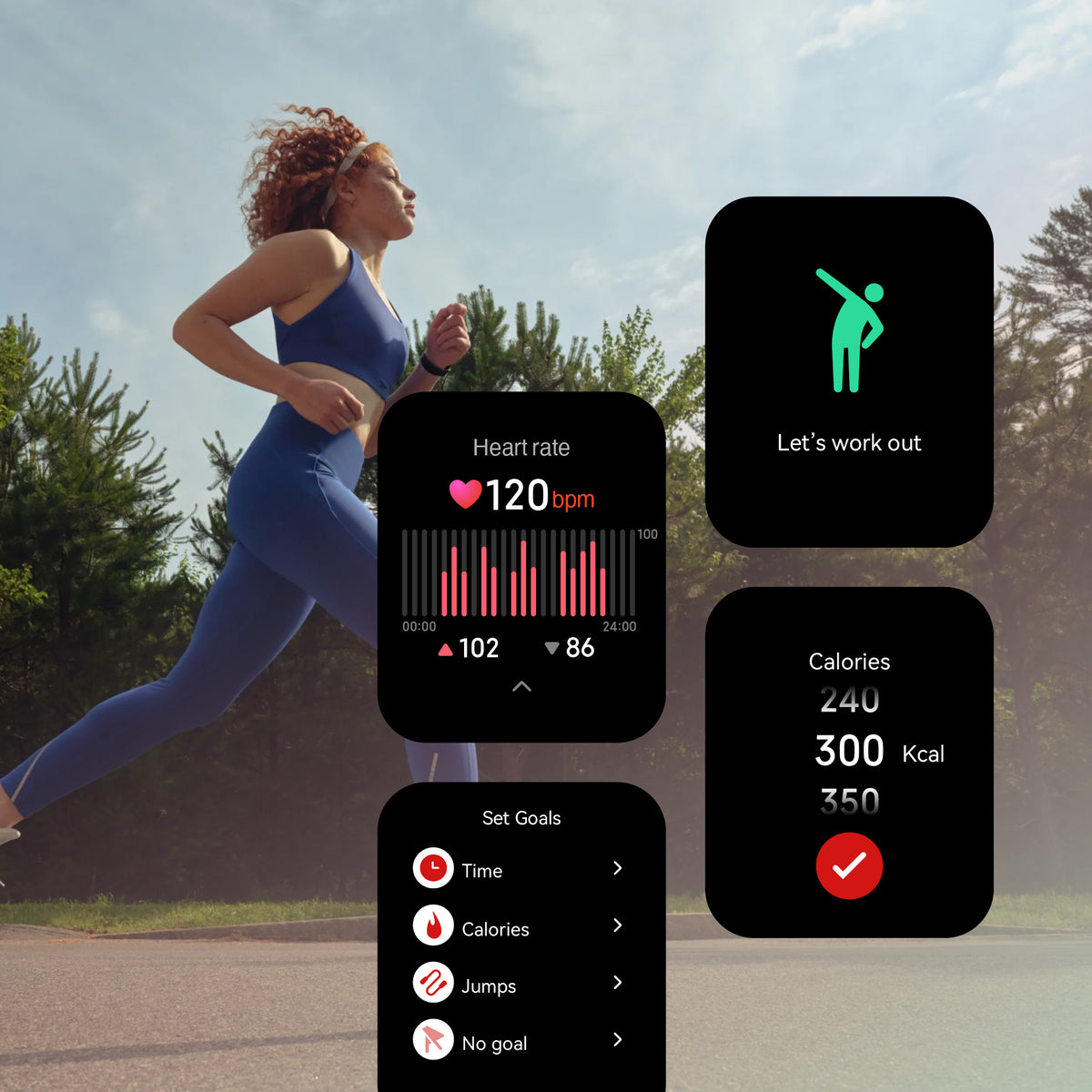A woman in athletic wear runs outdoors. Overlaid graphics show her heart rate at 120 bpm, calories burned (240/300/350), Let’s work out text with an exercise icon, and a list of workout goals to set.
