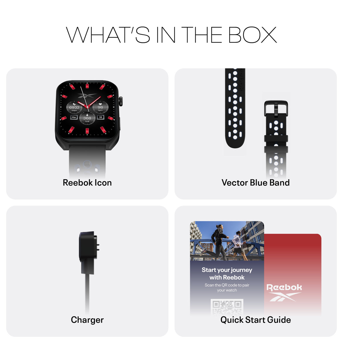 Image showing contents of a Reebok smartwatch box: Reebok watch with icon display, Vector Blue Band strap, charger, and a Quick Start Guide with a QR code.