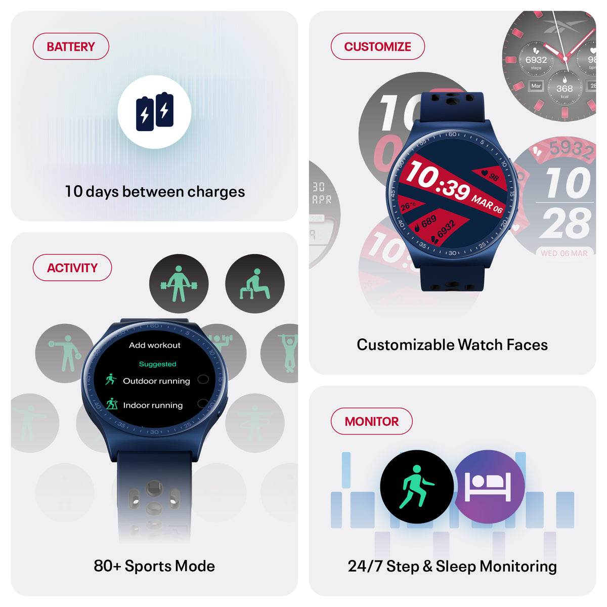 A smartwatch ad highlights 10-day battery life, customizable watch faces, 80+ sports modes, and 24/7 step and sleep monitoring with illustrated graphics and device screenshots.