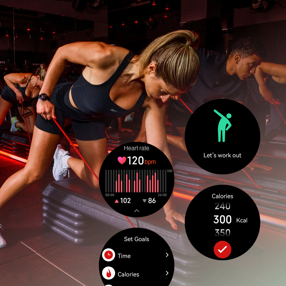 A woman in athletic wear exercises with resistance bands in a gym class. Overlaid graphics show her heart rate at 120 bpm, calories burned, set goals, and a prompt to work out. Other people are working out in the background.