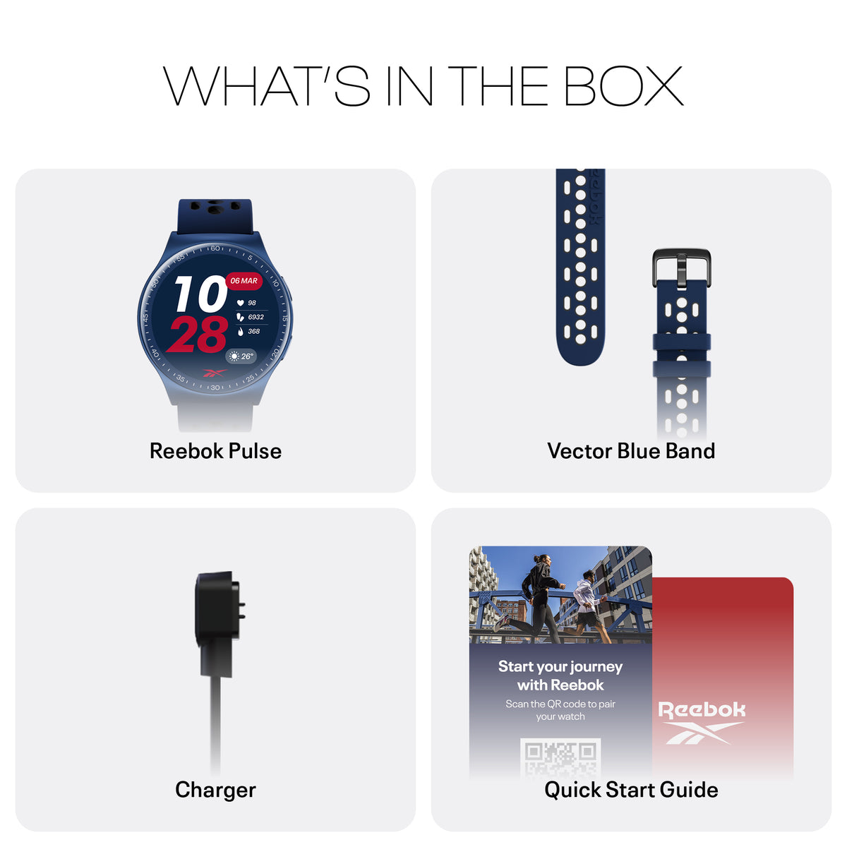 A graphic showing four items included in the box: a Reebok Pulse smartwatch, a blue Vector band, a charger, and a quick start guide with a QR code, all labeled with text.