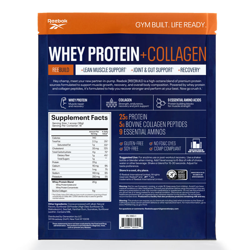 Back of a Reebok ReeBuild Whey Protein + Collagen pouch, displaying nutritional facts, ingredients, and usage instructions for muscle recovery.