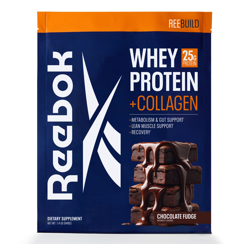 A bag of Reebok ReeBuild Whey Protein + Collagen featuring a stack of chocolate brownies with chocolate sauce drizzled on top.