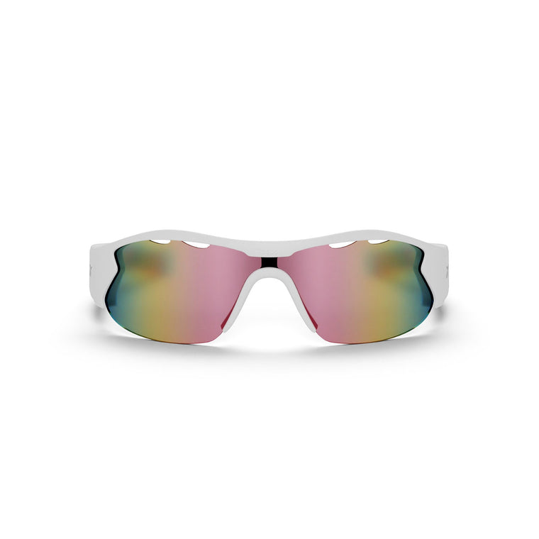 The Reebok Flash Smart Audio Sunglasses feature a white frame and large polarized lenses that shift from pink to yellow and green, shown against a plain white background.