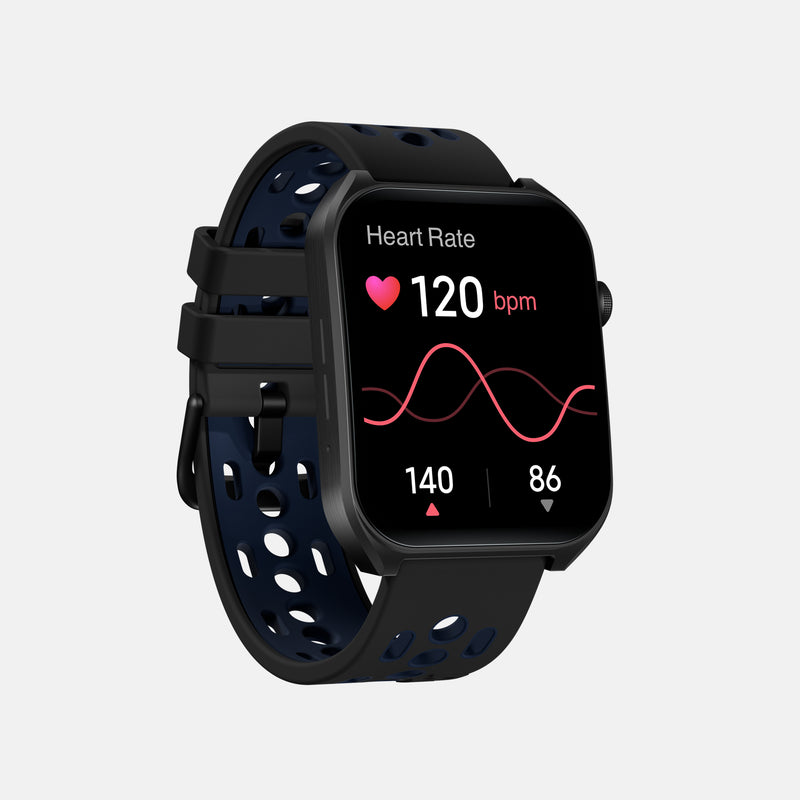 The Reebok Icon Smartwatch by Reebok, with a black and blue perforated strap, shows a heart rate of 120 bpm, a heart icon, fluctuation graph, and readings of 140 and 86 to help monitor your athletic performance.