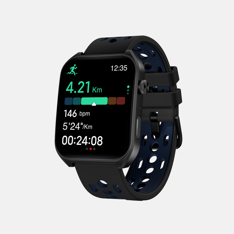 The Reebok Icon Smartwatch by Reebok, shown in black with a perforated band, displays distance (4.21 km), heart rate (146 bpm), pace (5:24/km), and time (00:24:08) on its color screen for advanced workout tracking.
