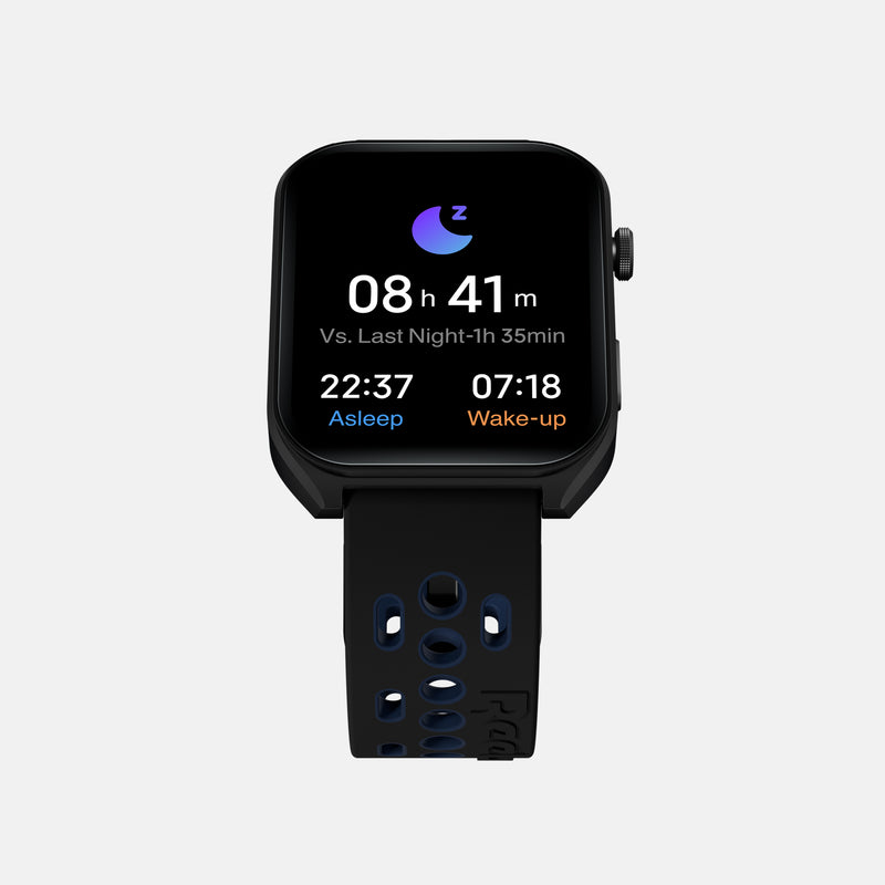 The Reebok Icon Smartwatch in black, featuring an athletic-themed strap, shows sleep tracking data: 8h 41m of sleep—1h 35m more than last night—delivering reliable rest monitoring by Reebok.