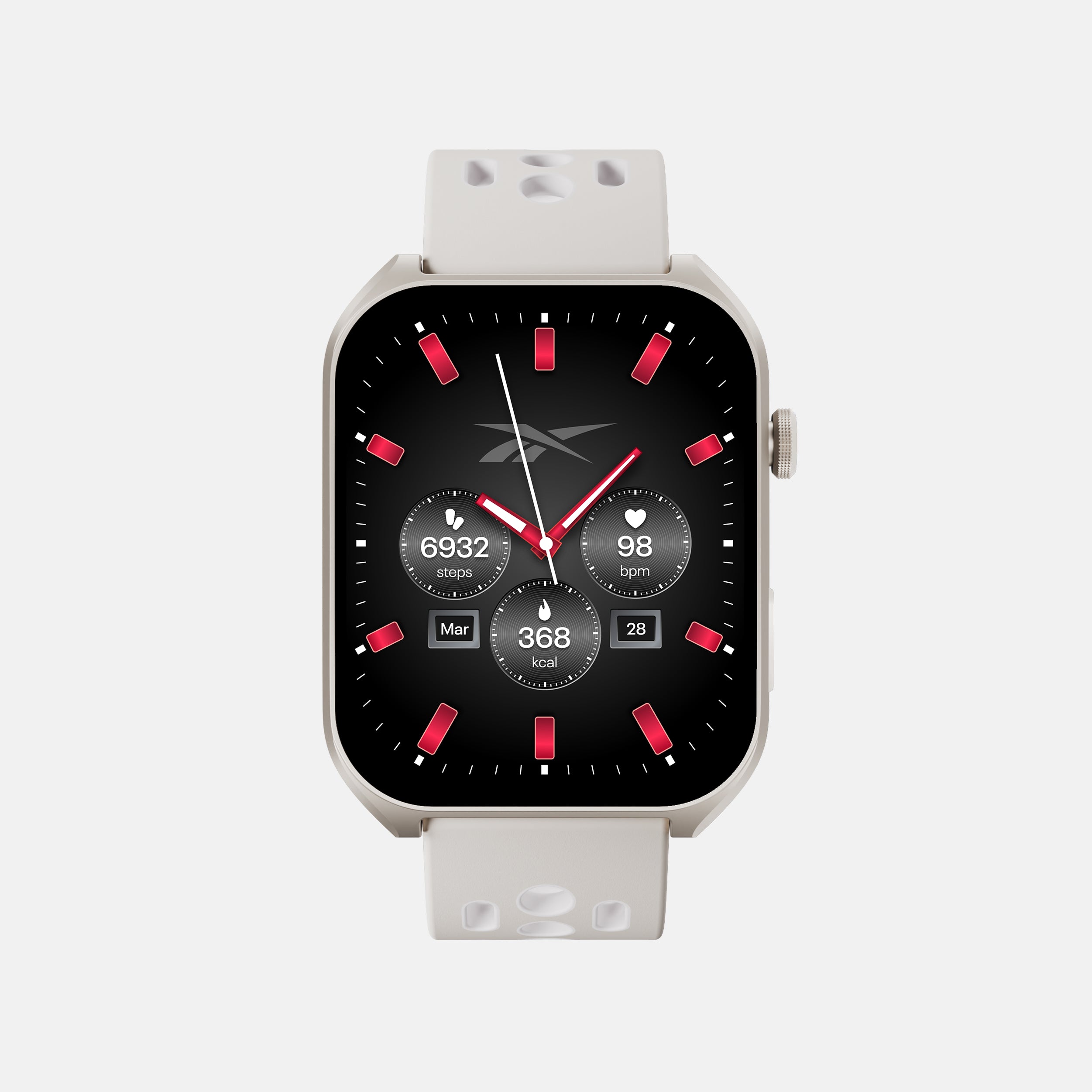 The Reebok Icon Smartwatch by Reebok, featuring a white band and black face, displays 6,932 steps, 98 bpm heart rate, 368 calories burned, and the Mar 28 date. Red markers and hands add to its sporty display.