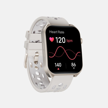 The Reebok Icon Smartwatch from Reebok features a white design with a perforated band, displaying a heart rate of 120 bpm, pink heart icon, and graph with values 140 and 86 on its screen for athletic performance tracking.