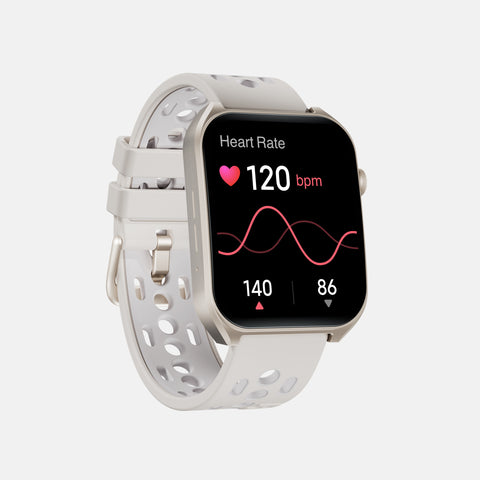 The Reebok Icon Smartwatch from Reebok features a white design with a perforated band, displaying a heart rate of 120 bpm, pink heart icon, and graph with values 140 and 86 on its screen for athletic performance tracking.