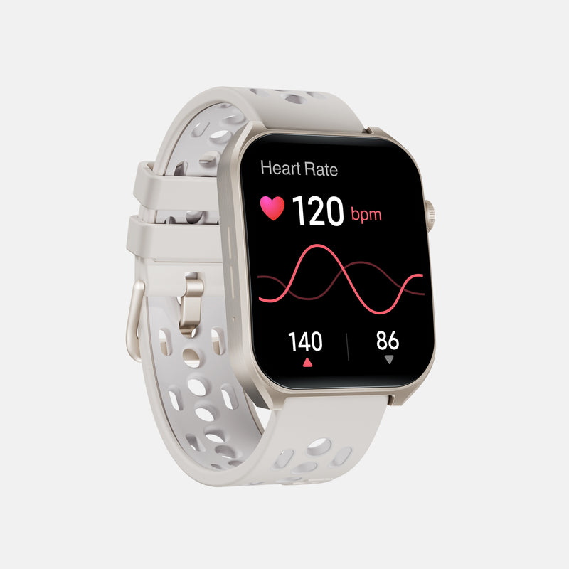 The Reebok Icon Smartwatch from Reebok features a white design with a perforated band, displaying a heart rate of 120 bpm, pink heart icon, and graph with values 140 and 86 on its screen for athletic performance tracking.