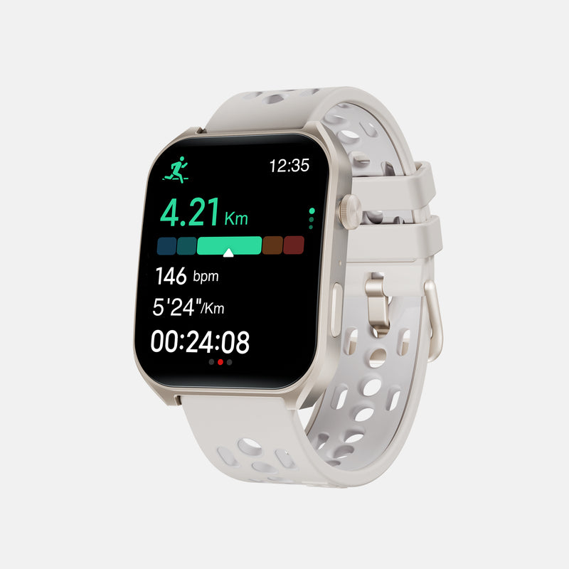 The Reebok Icon Smartwatch by Reebok, featuring a white perforated strap, displays workout stats—distance (4.21 km), heart rate (146 bpm), pace (5:24/km), and time (24:08)—to optimize performance on a clean white background.