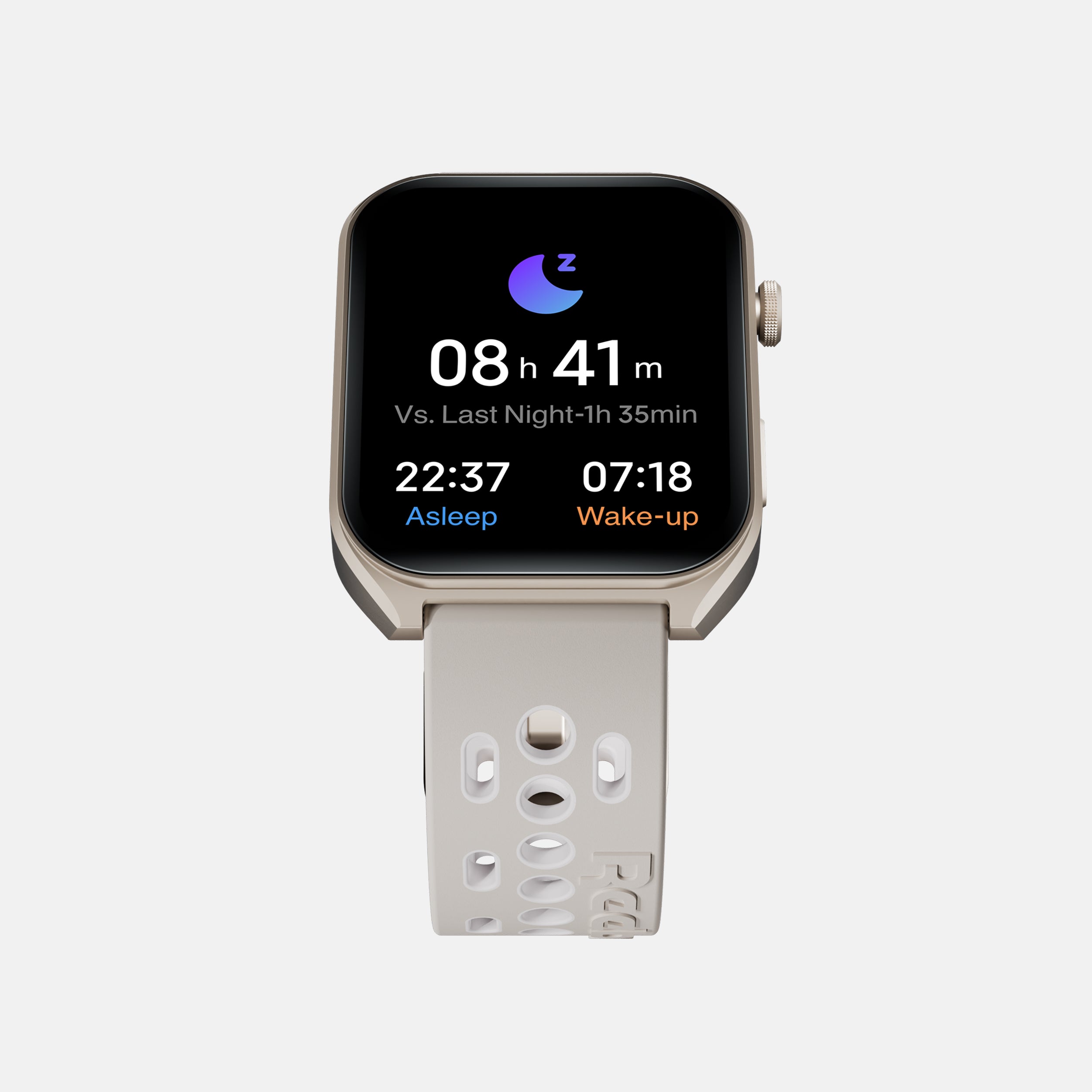 The Reebok Icon Smartwatch by Reebok, featuring a white perforated band and black screen, displays sleep tracking data—8h 41m from 22:37 “Asleep” to 07:18 “Wake-up”—to support optimal athletic performance.