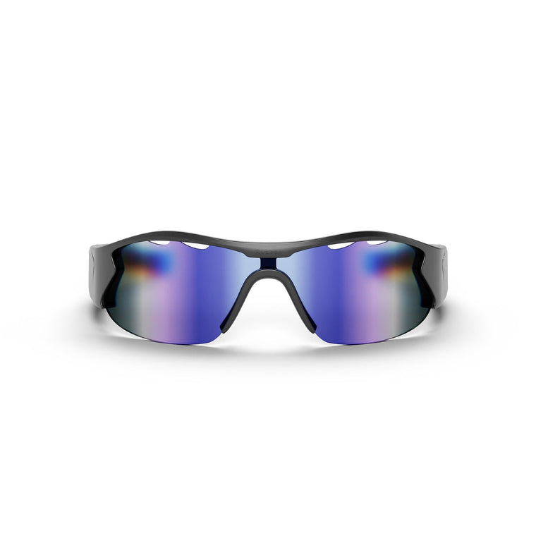 Reebok Octane Smart Audio Sunglasses with blue-purple mirrored polarized lenses and a black frame, displayed front-facing on a white background.