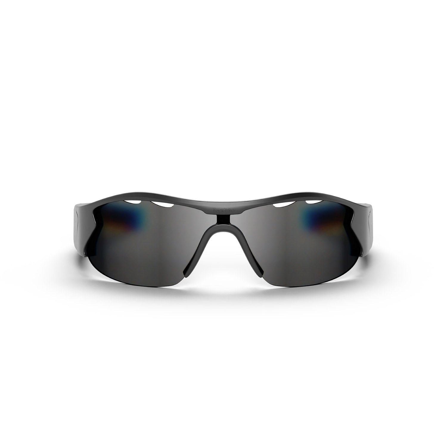 Reebok Octane Smart Audio Sunglasses shown from the front on a white background, featuring a black curved frame and wraparound polarized lenses.