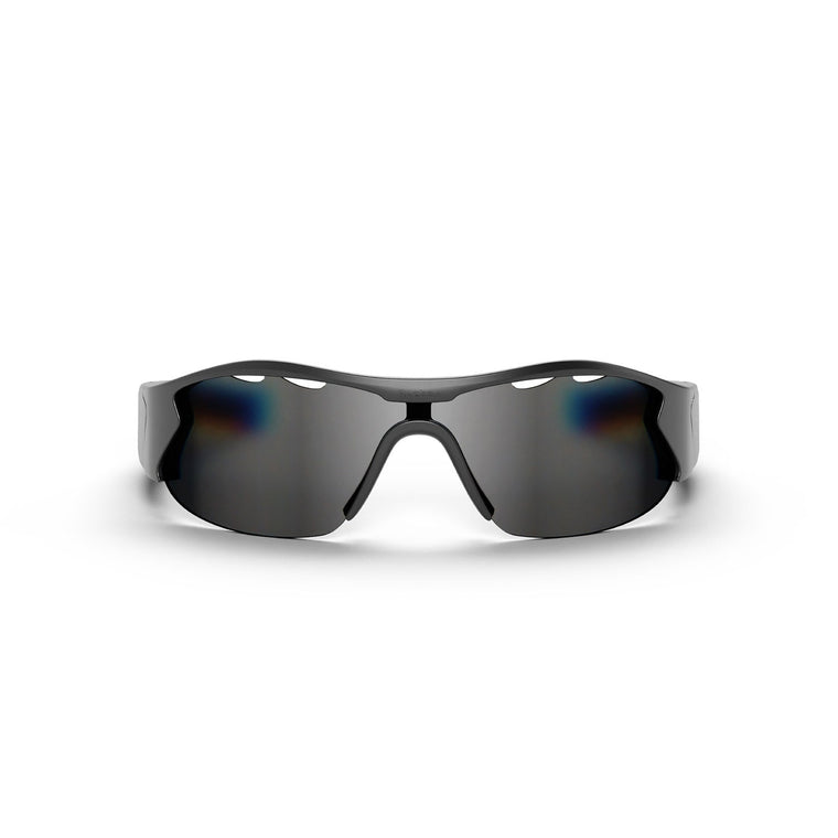 Reebok Octane Smart Audio Sunglasses shown from the front on a white background, featuring a black curved frame and wraparound polarized lenses.