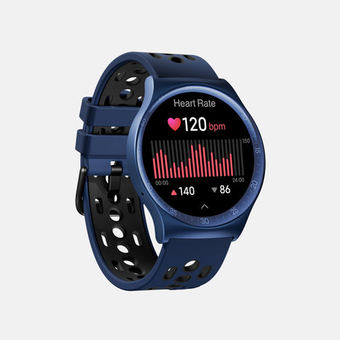 The Reebok Pulse Smartwatch by Reebok features a blue perforated strap and round display, showing a heart rate of 120 bpm, heart icon, bar graph, and measurements of 140 and 86 on a white background—ideal for fitness tracking.
