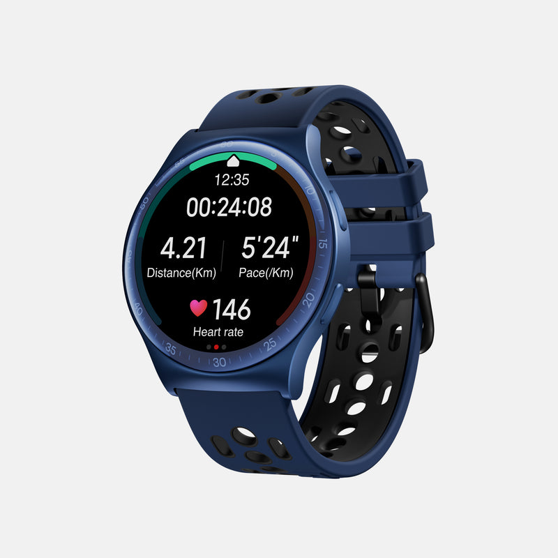 The Reebok Pulse Smartwatch tracks workouts with stats like 24:08 elapsed time, 4.21 km distance, 5:24/km pace, and a heart rate of 146 bpm. It features an athletic design and a comfortable perforated blue strap.