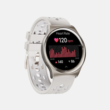 The Reebok Pulse Smartwatch by Reebok displays a heart rate of 120 bpm, a pink heart icon, red bar graph, and min/max values (86/140) on its round screen. The white and silver watch has a perforated strap for fitness tracking.