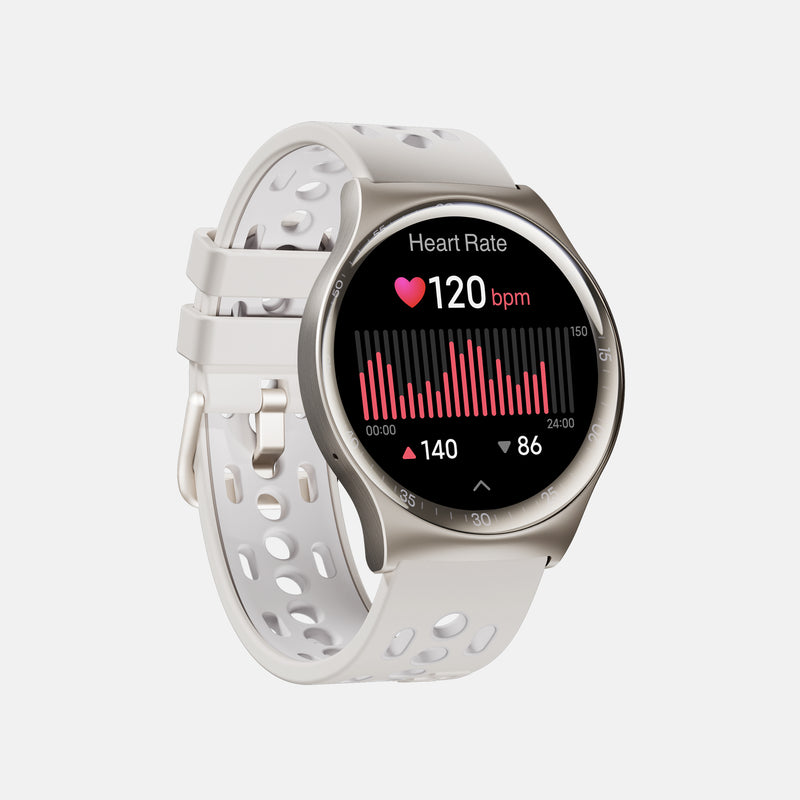 The Reebok Pulse Smartwatch by Reebok displays a heart rate of 120 bpm, a pink heart icon, red bar graph, and min/max values (86/140) on its round screen. The white and silver watch has a perforated strap for fitness tracking.