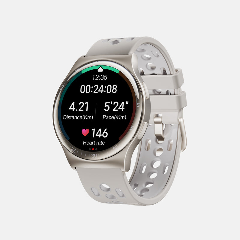 The Reebok Pulse Smartwatch by Reebok features a silver case, white perforated band, and round digital display showing stats like elapsed time, distance, pace, and heart rate—a blend of athletic technology and style.