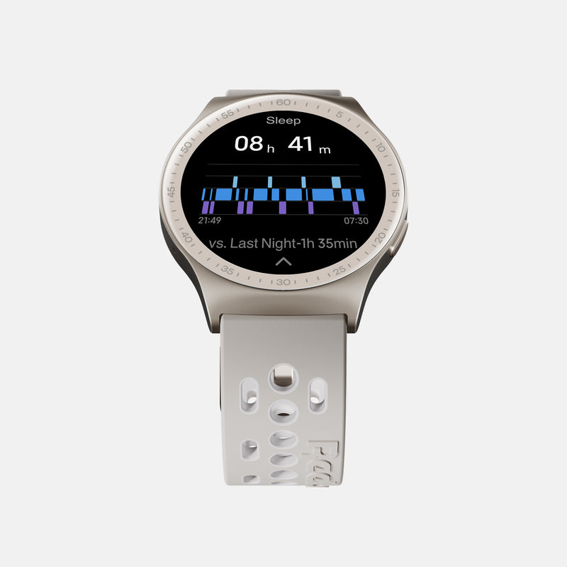 The Reebok Pulse Smartwatch by Reebok displays sleep tracking—8h 41m—with a detailed graph and previous night comparison. It features an athletic light gray perforated strap for comfort.