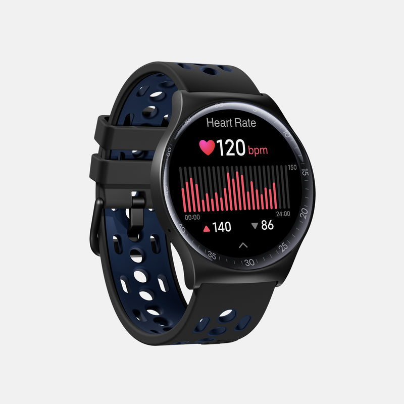 The Reebok Pulse Smartwatch by Reebok is a black wearable with a perforated strap, offering advanced fitness tracking; its display shows a heart icon, 120 bpm heart rate, bar graph, and min/max readings of 86 and 140.