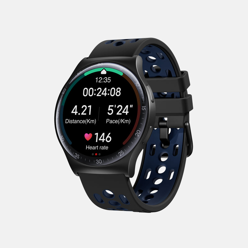 The Reebok Pulse Smartwatch by Reebok features a black perforated strap and a round screen displaying workout stats—duration, distance, pace, and heart rate—against a plain light gray background.