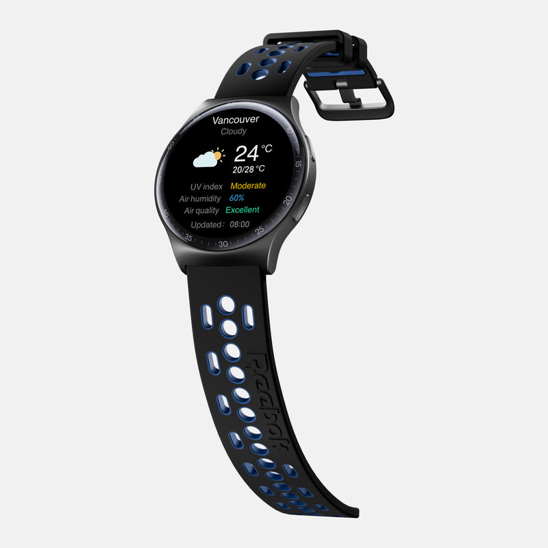 A black and blue Reebok Pulse Smartwatch by Reebok shows Vancouver weather—cloudy, 24°C, UV index, humidity, air quality. It offers fitness tracking and has a strap with multiple round holes.
