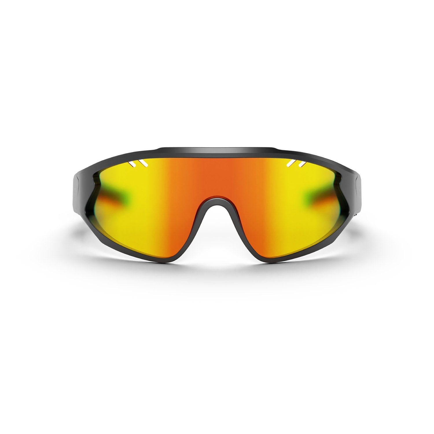 The Reebok Voltage Smart Audio Sunglasses feature a wide, single-piece orange-yellow mirrored polarized lens and black frame, shown front-facing on a white background.