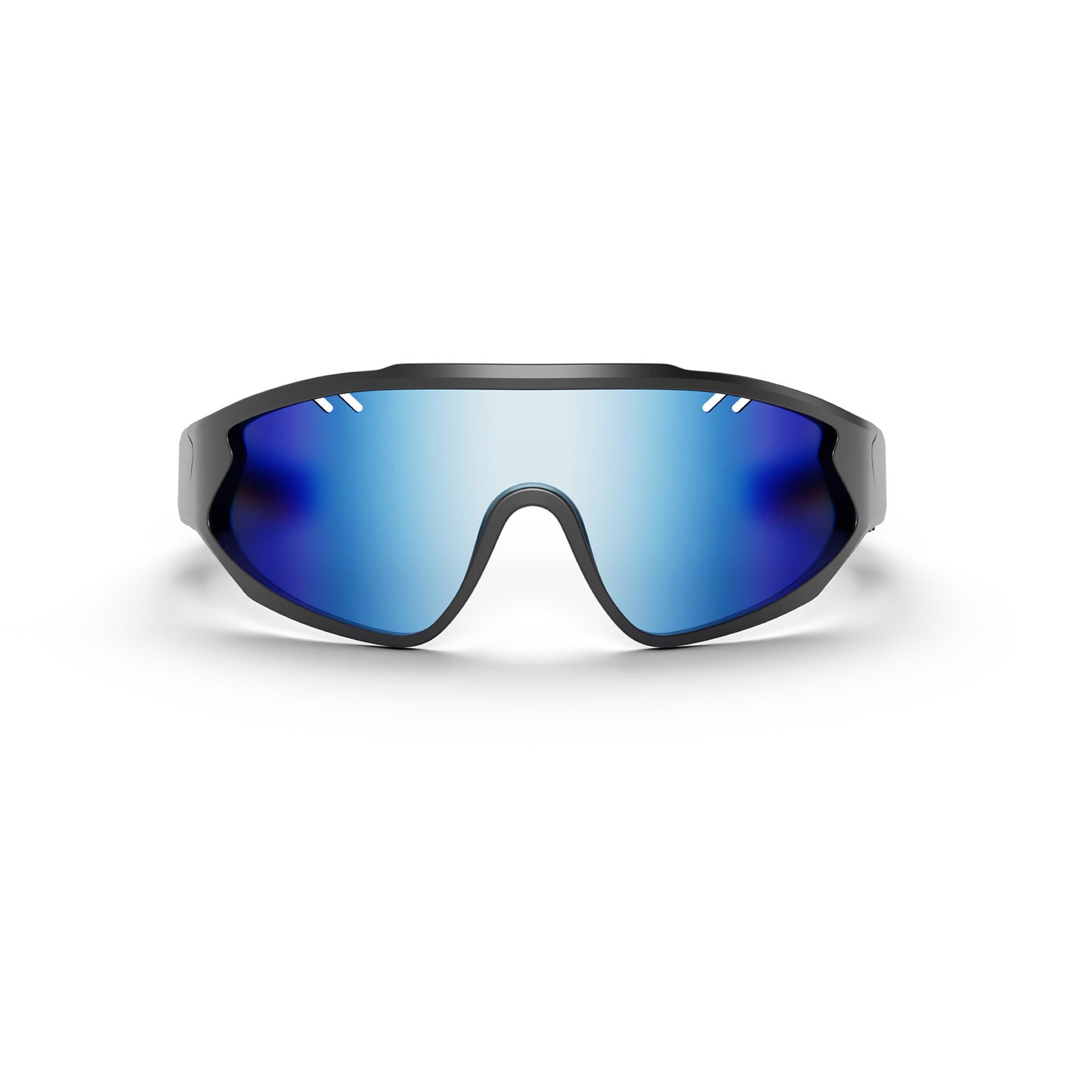 The Reebok Voltage Smart Audio Sunglasses feature a sleek black frame and a single blue mirrored lens, blending futuristic Bluetooth technology with sporty style. Displayed on a plain white background.