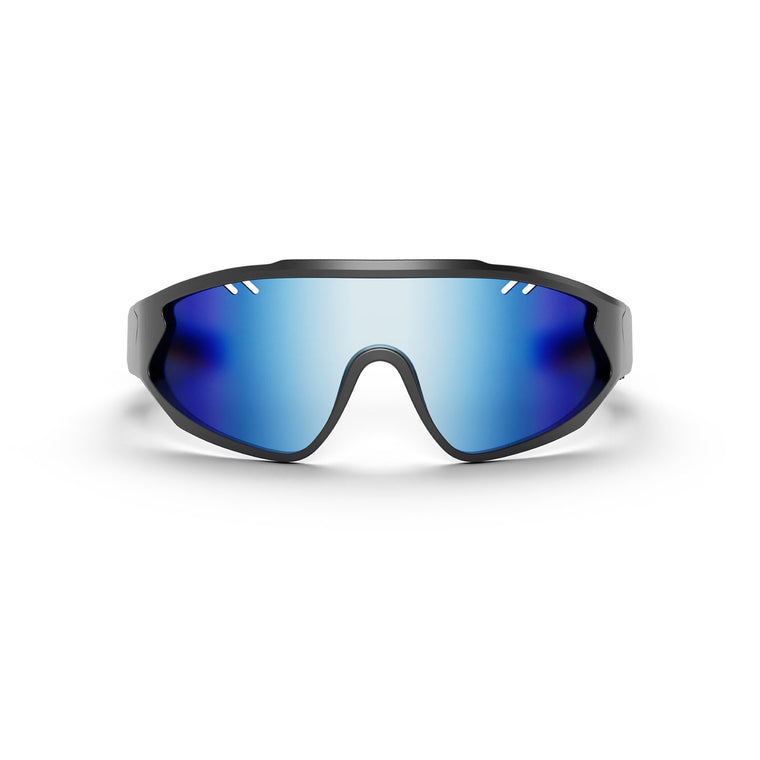 The Reebok Voltage Smart Audio Sunglasses feature a sleek black frame and a single blue mirrored lens, blending futuristic Bluetooth technology with sporty style. Displayed on a plain white background.