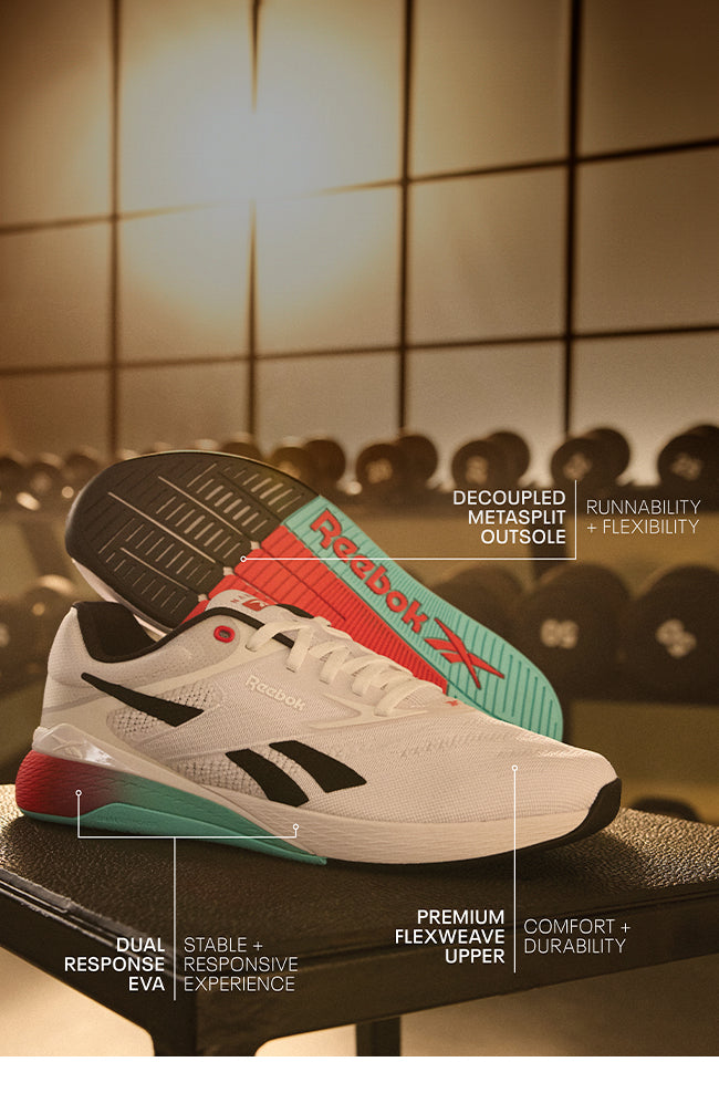 white reebok shoe in gym setting