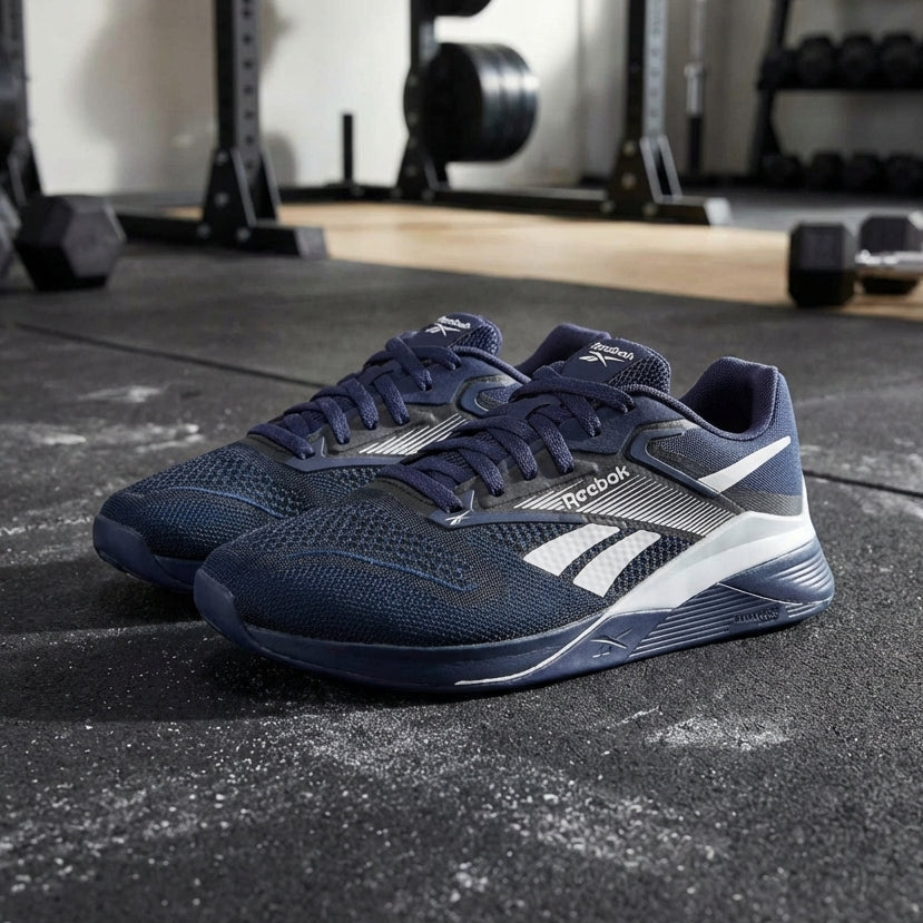 Navy Nano X4 Shoes on gym floor