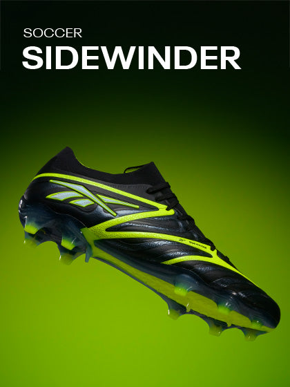 Black and yellow soccer cleat with 'Soccer Sidewinder' text on a green background