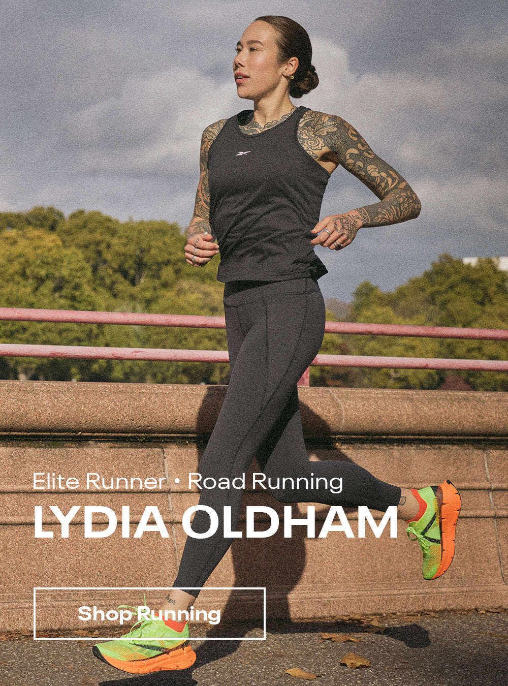 Woman running on a bridge with text overlay about Lydia Keating and running products.