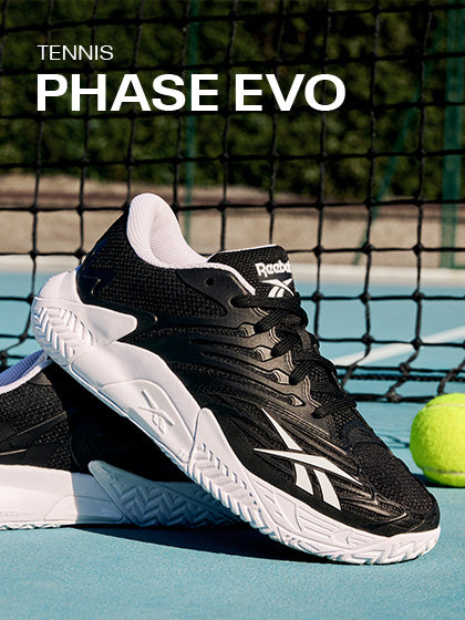 Black and white tennis shoe with 'Reebok' logo on a tennis court, featuring 'Tennis Phase EVO' text.