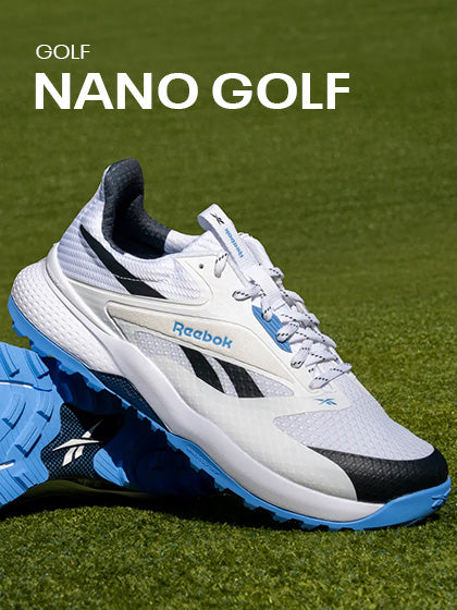 Reebok Nano Golf shoe on a grass background with promotional text.
