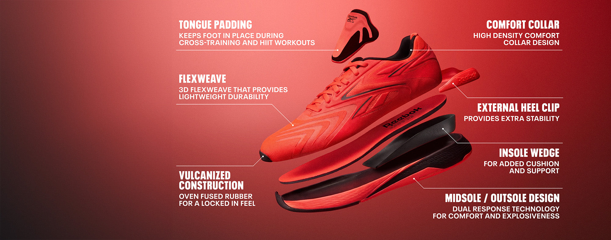 Red and black Nike running shoes shown with callout text labels on a dark red gradient background. The image highlights features such as tongue folding, flexweave, vulcanized construction, comfort collar, external heel clip, insole wedge, and midsole/outsole design.