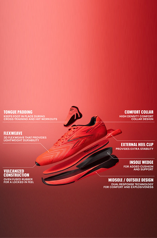 A red and black Nike running shoe is shown floating on a red gradient background with callout labels pointing to different features such as tongue padding, comfort collar, FlexWeave, external heel clip, insole wedge, and midsole/outsole design.