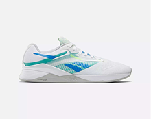 A white athletic sneaker with blue and teal accents, featuring a low-cut design and a gray sole, displayed on a plain white background.