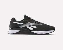 A black athletic sneaker with white accents and a white sole, featuring the Reebok logo on the side, displayed on a plain light background.