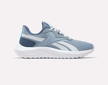 Light blue athletic sneaker with white sole and white laces, featuring a white and dark blue stripe design on the side, set against a plain light background.