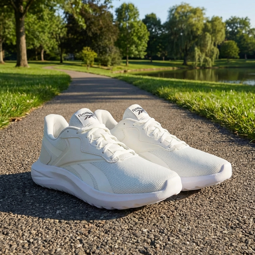 White Energen Lux shoes on gravel pathway in a park