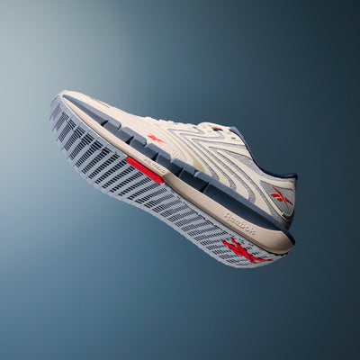 White running shoe designed for the treadmill