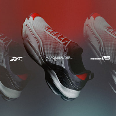 The Reebok Mita Sneakers x DMX Series 3000 Shoes feature a gray mesh upper with black and red accents, chunky shock-absorbing soles, and are displayed on a gradient red-teal background with Reebok Mita Sneakers logos.