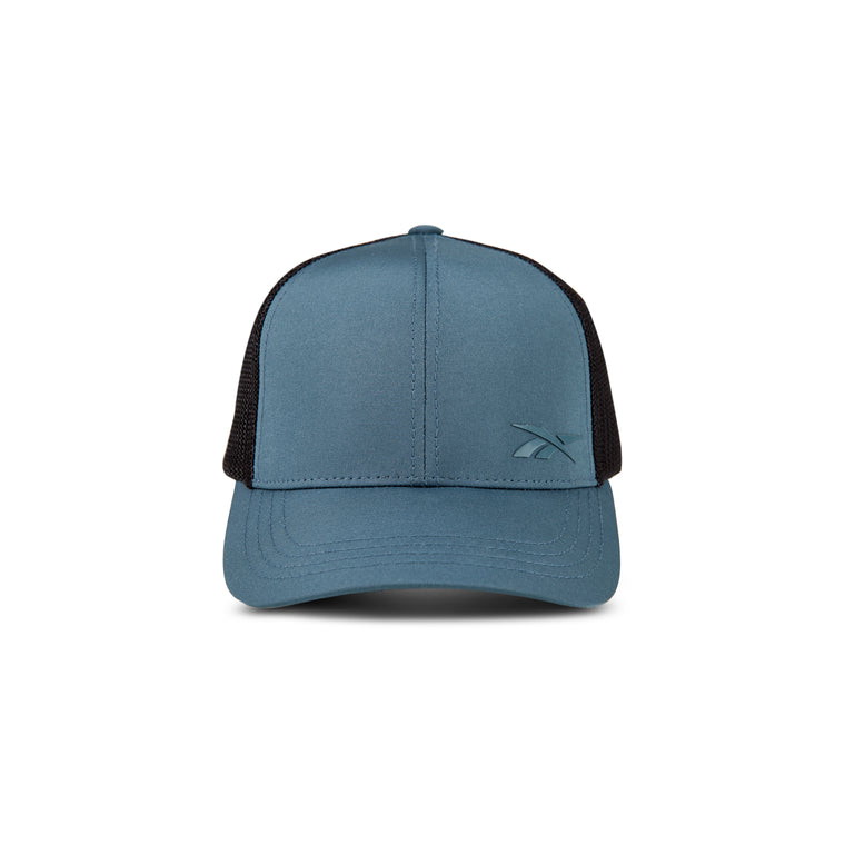 The Reebok Athletic Cap is a blue and black trucker hat with a curved brim, moisture-wicking mesh back panels, and a subtle front logo, made from recycled polyester and shown on a white background.