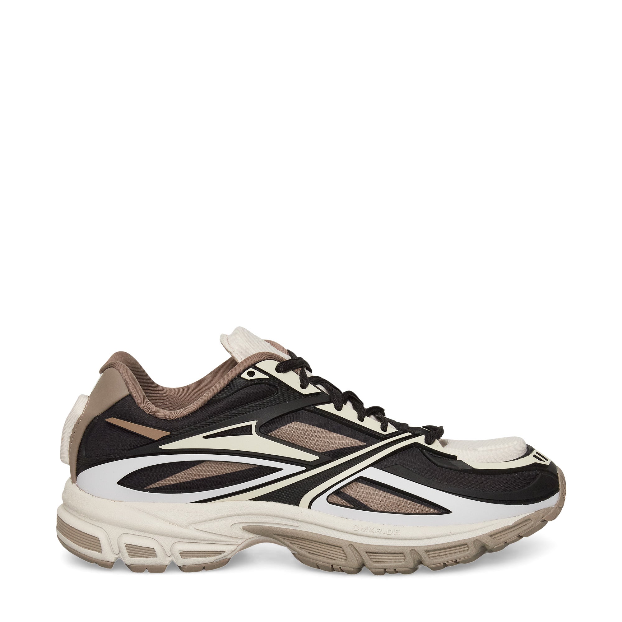 A stylish athletic sneaker featuring black, brown, beige, and white panels, with a chunky sole, layered design elements, and a lace-up front, shown in a side profile view against a white background.