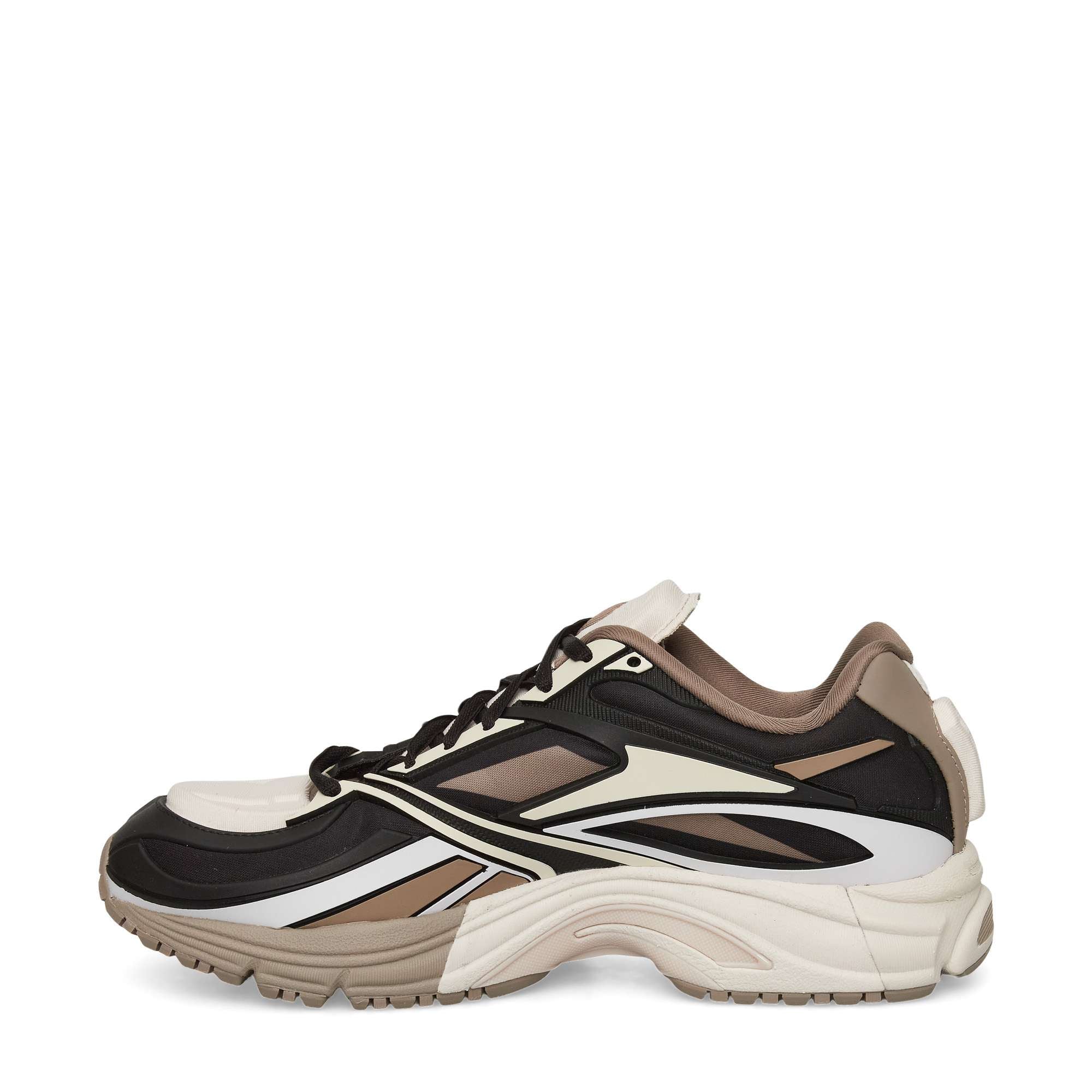 A stylish sneaker with a chunky sole, featuring black, brown, beige, and white panels, a layered design, and lace-up closure. The shoe has a sporty, modern look and distinct side detailing.